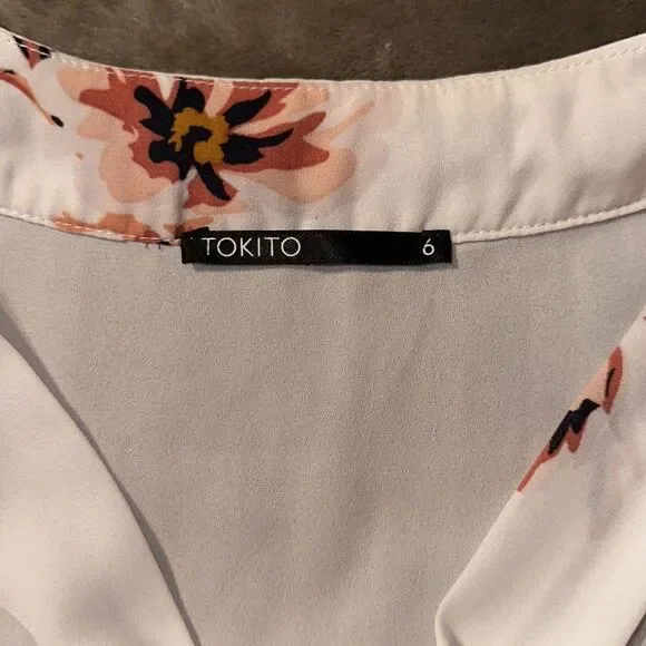 TOKITO 4 White Pink Navy Floral Button Front Bell Sleeve Peplum Tie Blouse - Picture 10 of 12